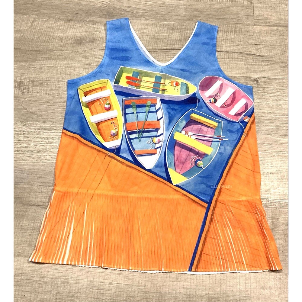 Ellen Negley Nautical Tank Top Lrg V‑Neck Sleeveless Boats Coastal Art To Wear